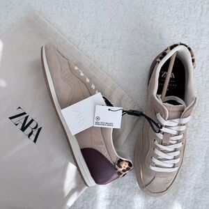 Zara Women's Soft Sneakers Beige Leather & Suede with Leopard Accent, Size 8